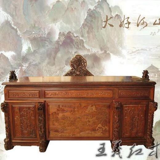 青岛制造王义红木缅甸花梨办公桌源于自然