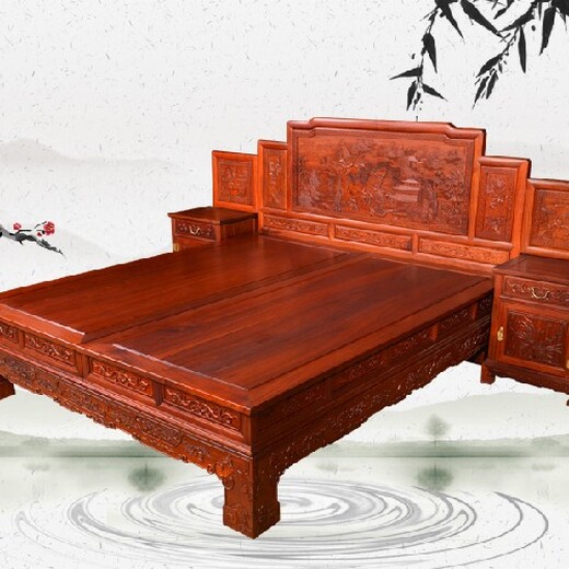 青岛纯手工雕刻王义红木老挝大红酸枝双人床,酸枝架子床