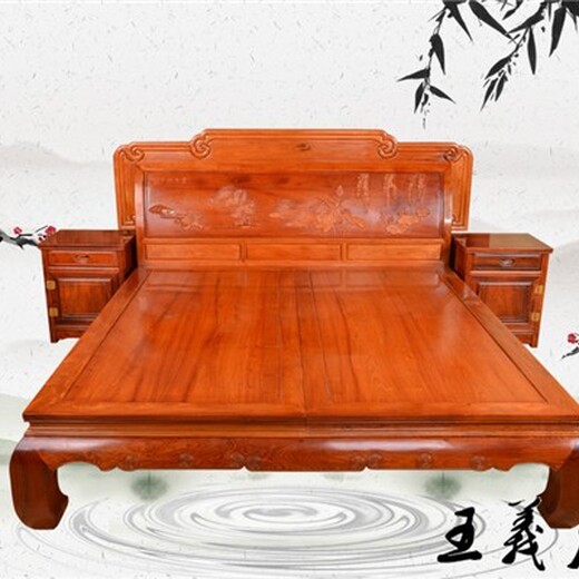 青岛威武王义红木缅甸花梨双人床手工雕刻,缅花家具