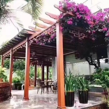 重庆销售中式铝合金凉亭，防腐木木纹金属花架，庭院景观花架图片