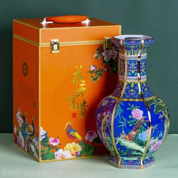 北京陶瓷酒瓶花開富貴琺瑯彩5斤裝10斤六方瓶定制家用酒罐收藏