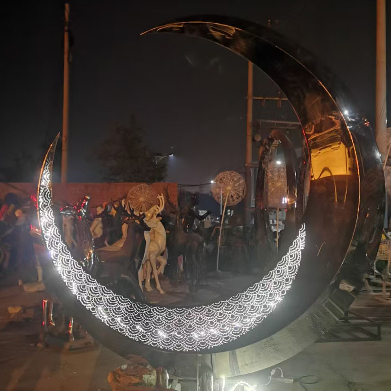不锈钢月亮雕塑，房地产景观圆环雕塑小品
