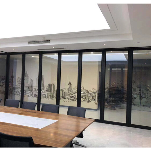 深圳展览厅夹丝玻璃上下推拉玻璃屏风窗移动式隔断折叠门