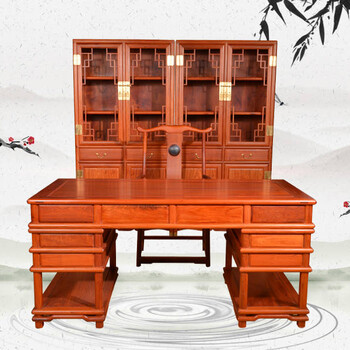 王义红木缅甸花梨办公家具价值,大红酸枝办公桌